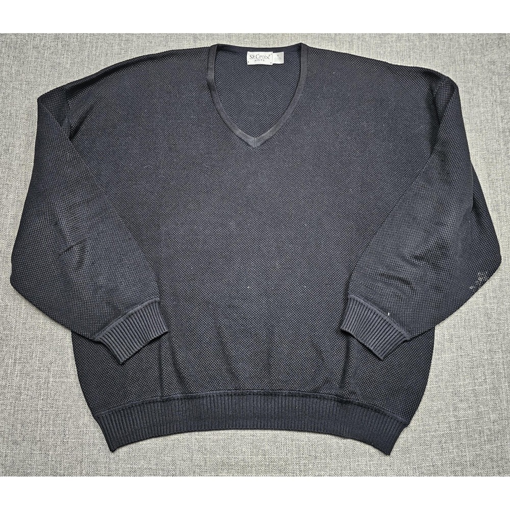 St. Croix Knits Sweater Mens XL Black V-Neck Textured Knit‎ Pullover Made USA